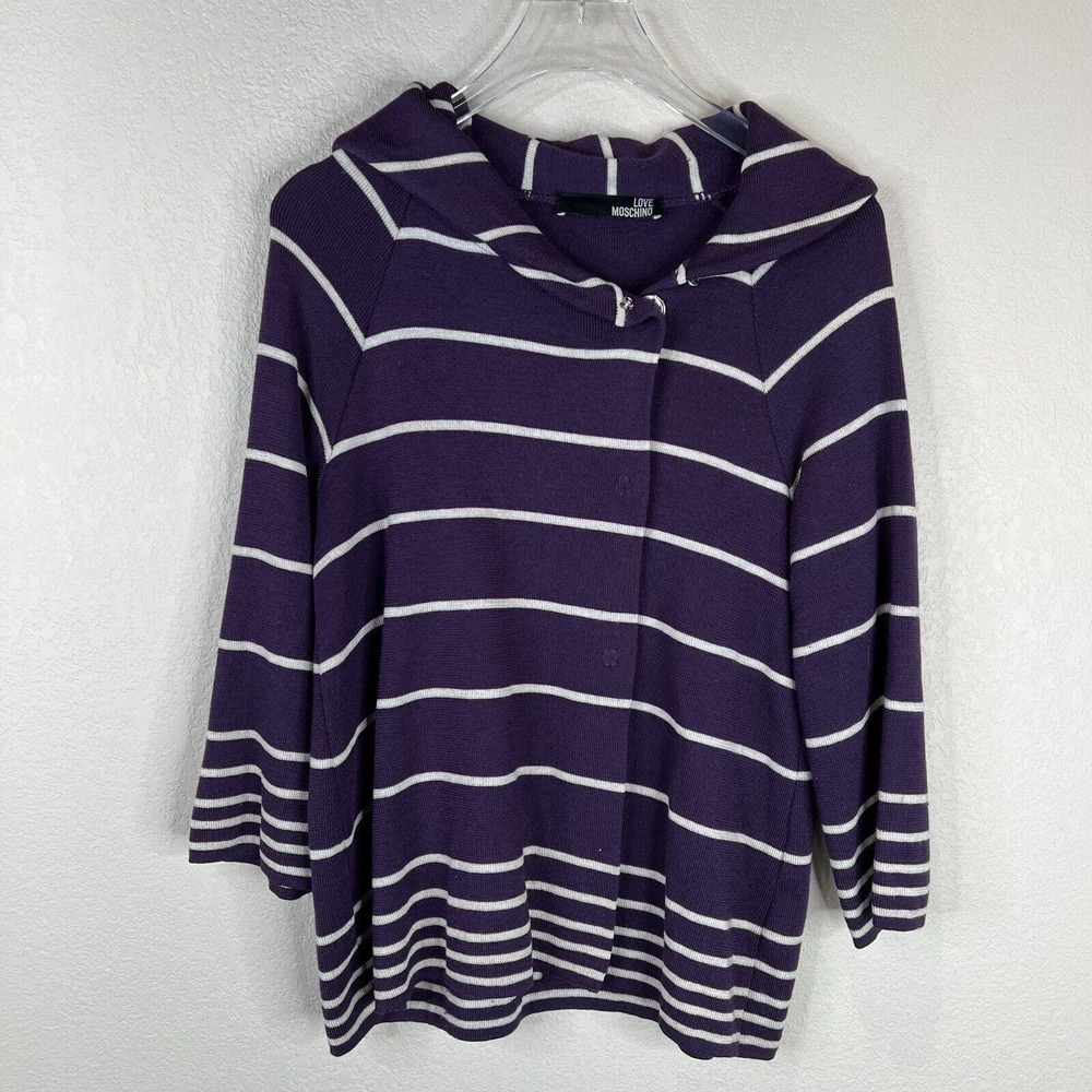 Love Moschino Cardigan Sweater Size 8 Purple/White Stripe Wool Blend Snap Front